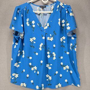 Hilary Radley Short Sleeve Dressy Blouse, Blue Floral, Size Large